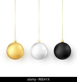 Set di palle di Natale. Lucida realistico Natale e Anno Nuovo addobbi per l'albero. Golden bianco e nero vacanza tradizionale realistico palle di Natale. Vec Illustrazione Vettoriale