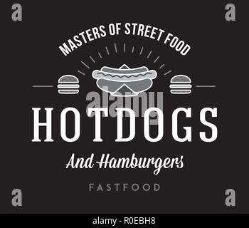 Hotdog e hamburger bianco su nero è una illustrazione vettoriale circa il cibo di strada Illustrazione Vettoriale