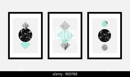 Un set di tre incorniciato stampe d'arte in nero, grigio, aqua blu e bianco disposti in un bellissimo ed elegante composizione. L'arte astratta poster, stampabile Illustrazione Vettoriale