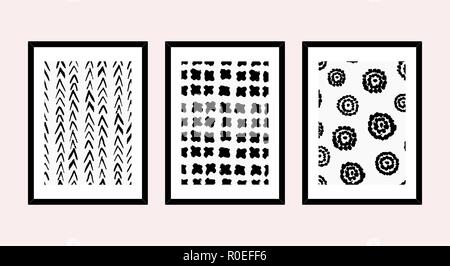 Un set di tre arte incorniciate di stampe in bianco e nero isolato su luce sfondo rosa. L'arte astratta Poster stampabile, biglietti di auguri, t-shirt designs Illustrazione Vettoriale