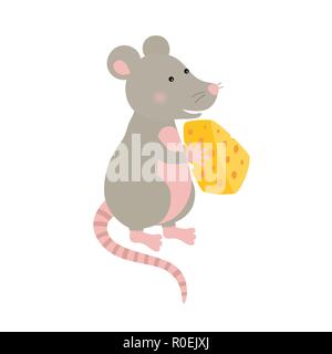 Cartoon disegnati a mano mouse di carattere con un pezzo di formaggio Illustrazione Vettoriale