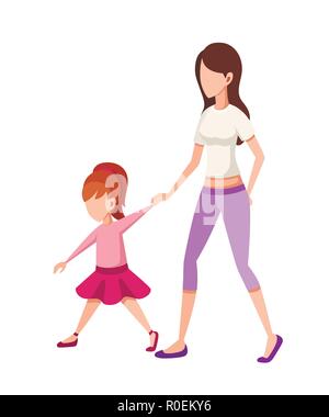 Madre e figlia. Ragazza camminare con MOM, tenendo le mani. Nessun volto character design. Appartamento cartoon illustrazione vettoriale isolati su sfondo bianco. Illustrazione Vettoriale