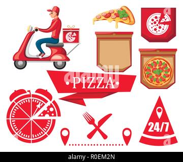 Pizza cafe logo, icona della pizza, emblema di un ristorante fast food. Icona di Pizza collezione. Corriere su red scooter. Appartamento illustrazione vettoriale su whit isolato Illustrazione Vettoriale