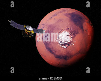 Pianeta Marte esplorazione, maven sonda spaziale di fronte al Polo nord marziano Foto Stock