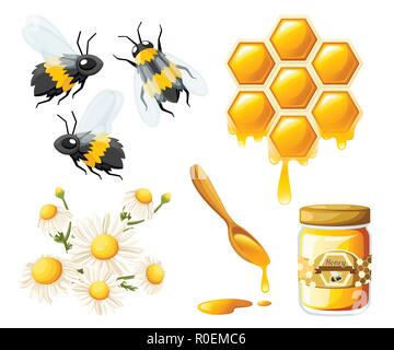 Favo di miele con gocce di miele. Il dolce miele con fiore e le api. Contenitore per il miele e il cucchiaio. Il logo per il negozio o il panificio. Appartamento illustrazione vettoriale isolare Illustrazione Vettoriale