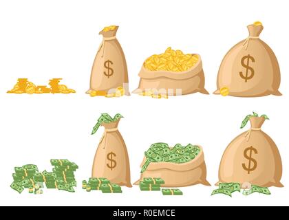 Denaro borsa set. Panno sacco pieno di dollari di carta e monete d'oro. US dollar sign. Piatto illustrazione vettore isolato su sfondo bianco. Illustrazione Vettoriale