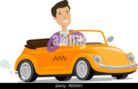 Uomo alla guida di un'auto. Servizio Taxi concetto. Fumetto illustrazione vettoriale Illustrazione Vettoriale