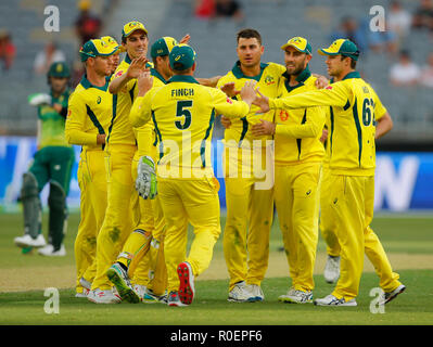 Optus Stadium, Perth, Australia. 4 Novembre, 2018. ODI International Cricket serie, Australia contro il Sud Africa; Australian giocatori festeggiare il paletto di Heinrich Klaasen del Sudafrica per 2 Credito: Azione Sport Plus/Alamy Live News Foto Stock