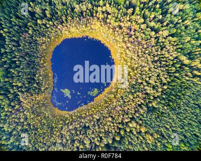 Vista aerea del bellissimo paesaggio della regione Mazury durante la stagione autunnale, Kacze Lago, Polonia Foto Stock