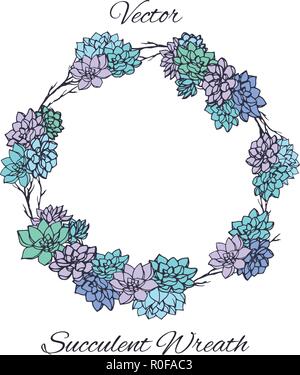 Ghirlanda di piante succulente e rami di alberi. Utilizzabile per matrimonio inviti, salva la data progetta, schede e altro ancora. Floral cornice rotonda. Illustrazione Vettoriale