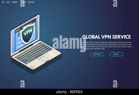 Per il servizio VPN banner isometrica Illustrazione Vettoriale