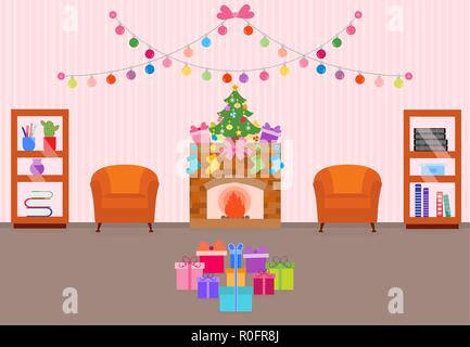 Felice Anno Nuovo 2019 e Natale illustrazione vettoriale con gusto per le vacanze Camera. Soggiorno, garland, albero, doni, camino. Illustrazione Vettoriale