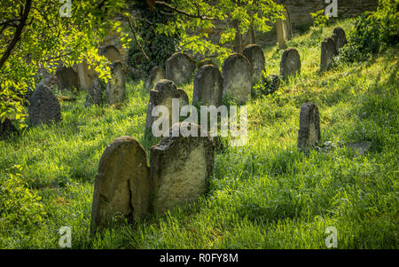 Gli oggetti contrassegnati per la rimozione definitiva nel vecchio cimitero ebraico in Skalica, Slovacchia. Fondata nella prima metà del XVII secolo. Foto Stock