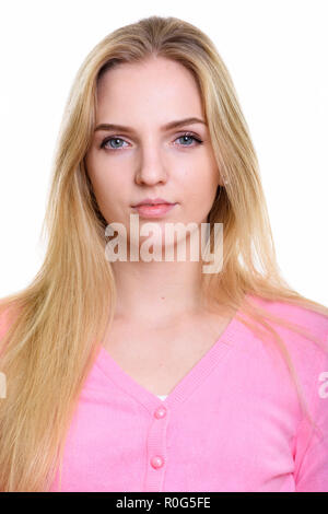 Volto del giovane bella ragazza adolescente che indossa cardigan rosa Foto Stock