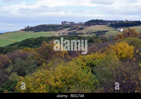 Guardando verso Raven Hall Hotel in Ravenscar come visto dal percorso di cenere Foto Stock