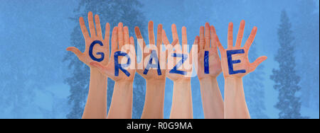 Molte mani edificio Grazie significa Grazie, Cold Winter Forest Foto Stock