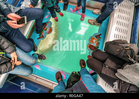 Hong Kong - Gennaio 26, 2016: Ocean Shore visto attraverso il pavimento di vetro della cabina di cristallo pieno di gente, Funicolare Ngong Ping 360 sull'Isola di Lantau, Hong Ko Foto Stock