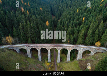 Viadotto Chmarossky passa attraverso la foresta di pini vicino villaggio Telgart, Slovacchia Foto Stock