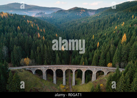 Viadotto Chmarossky passa attraverso la foresta di pini vicino villaggio Telgart, Slovacchia Foto Stock