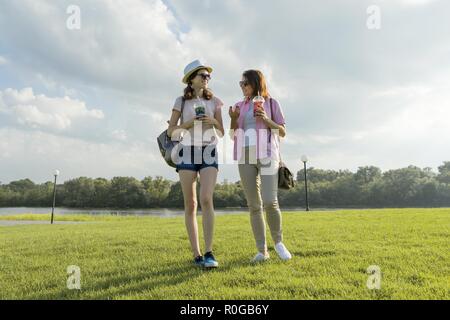 Comunicazione del genitore e figlio adolescente. La madre sta parlando con sua figlia teenager per 14 anni, passeggiate intorno al parco su soleggiate giornate estive. Natura, sky in Foto Stock