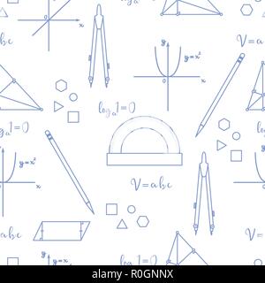 Matematica vettoriale scientifico seamless pattern con geometria tenute, strumenti e formule. Gli elementi dell'istruzione. Bussole, goniometro, matita, grafica Illustrazione Vettoriale