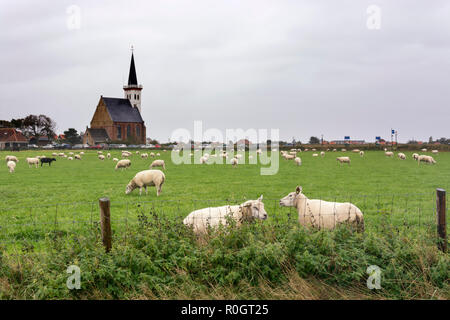 Vista su Den Hoorn, una piccola comunità di Texel, un isola di Wadden, Paesi Bassi. È sundaymorning e persone visitano la chiesa con le automobili parcheggiate Foto Stock