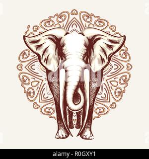 Elephant con enormi zanne sul modello Mandala dello sfondo. Illustrazione Vettoriale. Illustrazione Vettoriale