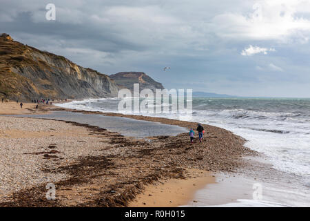 La gente a caccia di fossili sulla spiaggia Charmouth su Jurassic Coast in Dorset, Inghilterra. Foto Stock