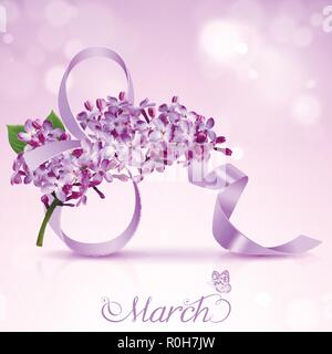 Biglietto di auguri con l'ottavo di marzo con fiori di lilla e nastro di raso nella forma di un otto Illustrazione Vettoriale