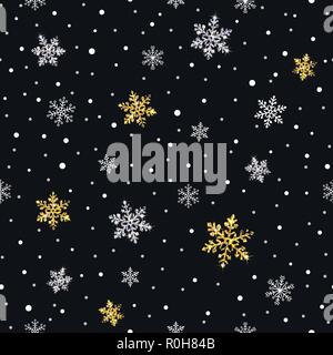 I fiocchi di neve in oro e argento seamless pattern su uno sfondo scuro Illustrazione Vettoriale