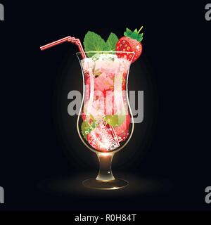 Fragola cocktail mojito su sfondo nero Illustrazione Vettoriale