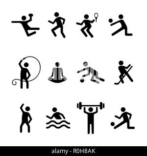Sport vettore uomo piatto set di icone, fitness logo. Badge nero calcio, basket, pallavolo, tennis, ginnastica ritmica, yoga, hockey, aerobica, swi Illustrazione Vettoriale