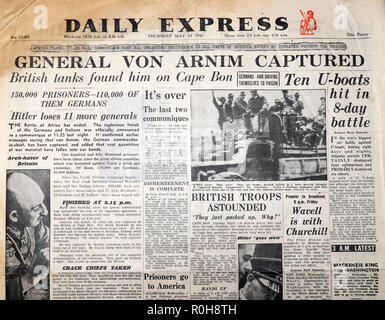 Durante la Seconda guerra mondiale la Seconda Guerra Mondiale 2 titolo di giornale articolo Daily Express " carta generale von Arnim catturato' 'Hitler perde 11 più generali" Regno Unito 13 maggio 1943 Foto Stock