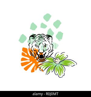 Roaring tiger disegnati a mano stile t-shirt design stampa vettore. Illustrazione Vettoriale