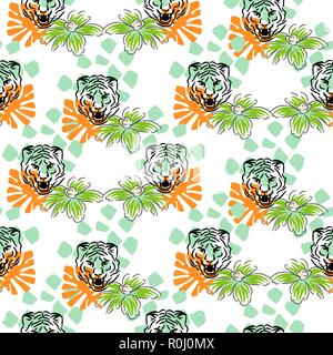Vector seamless pattern con tiger teste e fiori di colore bianco su sfondo tratteggiato. Disegno di tessuto per magliette e camicette. Illustrazione Vettoriale