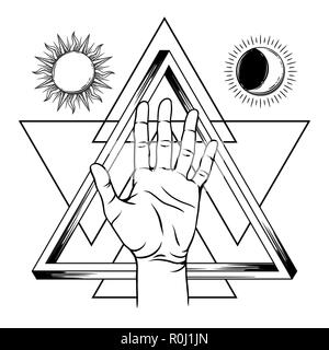 Mano aperta con infinita simbolo triangolare. Illustrazione Vettoriale