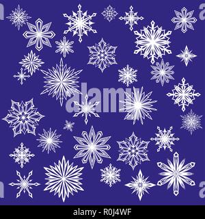 Collezione di decorativi set di fiocchi di neve, in inverno, frost illustrazione vettoriale schizzo Illustrazione Vettoriale