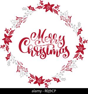 Buon Natale Calligraphy testo vettoriale in xmas ghirlanda floreale telaio. Lettering design in stile scandinavo. Tipografia creativa per il messaggio di saluto festivo dono Poster Illustrazione Vettoriale