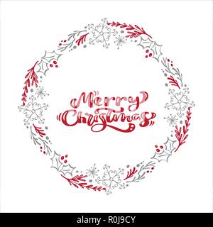 Buon Natale Calligraphy testo vettoriale in xmas ghirlanda floreale telaio. Lettering design in stile scandinavo. Tipografia creativa per il messaggio di saluto festivo dono Poster Illustrazione Vettoriale