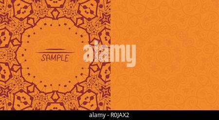 Henna arancione antico modello di pagina di intestazione. Mehndi ispirato tribali scheda invito design. Un sacco di copyspace Illustrazione Vettoriale