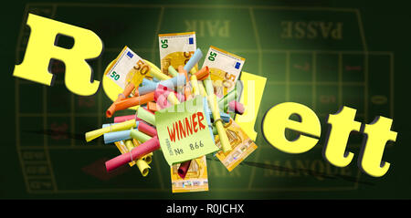 Banconote decorate su un tavolo. Concetto vincita al lotto e buona fortuna. Foto Stock