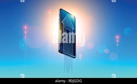 5g rete digitale simbolo sulla schermata dello smartphone moderno su sfondo chiaro cielo e segnale luminoso lte di dispositivi iot. La freccia mostra hi-velocità di connessione a internet. LTE la tecnologia wireless Illustrazione Vettoriale