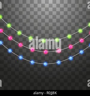 Ghirlande di festosa serie di decorazioni con multicolore luci scintillanti, scintillante scintillante. Lampadine di Natale illustrazione vettoriale su sfondo trasparente Illustrazione Vettoriale