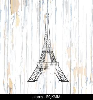 Torre Eiffel disegno su legno. Illustrazione Vettoriale su sfondo vintage. Illustrazione Vettoriale