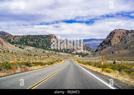 Driving through the Sonora Pass in the Eastern Sierra mountains on a sunny fall day; colorful aspen trees on the side of the road; California Foto Stock
