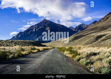 La guida su una stretta strada di montagna su una mattina di sole; Sierra orientale montagne visibile in background; California Foto Stock