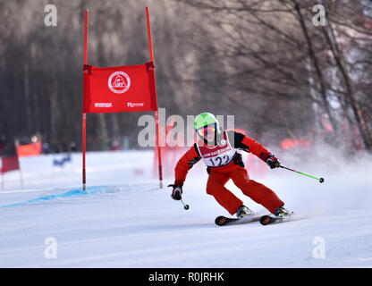 LOON MOUNTAIN USA - gennaio 24: Tina Sutton Memorial - Slalom competizione di sci partecipante non identificato in avvicinamento al cancello durante junior gara di sci su Foto Stock