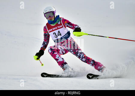 LOON MOUNTAIN USA - gennaio 24: Tina Sutton Memorial - sci da slalom della concorrenza. Il partecipante non identificato di sci junior gara di gennaio 24, 2016 a Foto Stock