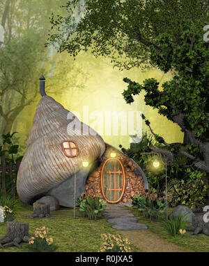 Un incantevole magico guscio fairy home, nascosta in una fitta foresta, 3D Rendering immagine Foto Stock