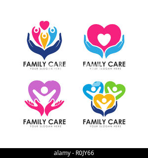 Family Care logo design modello. cura delle mani e cuore forma icona vettore Foto Stock